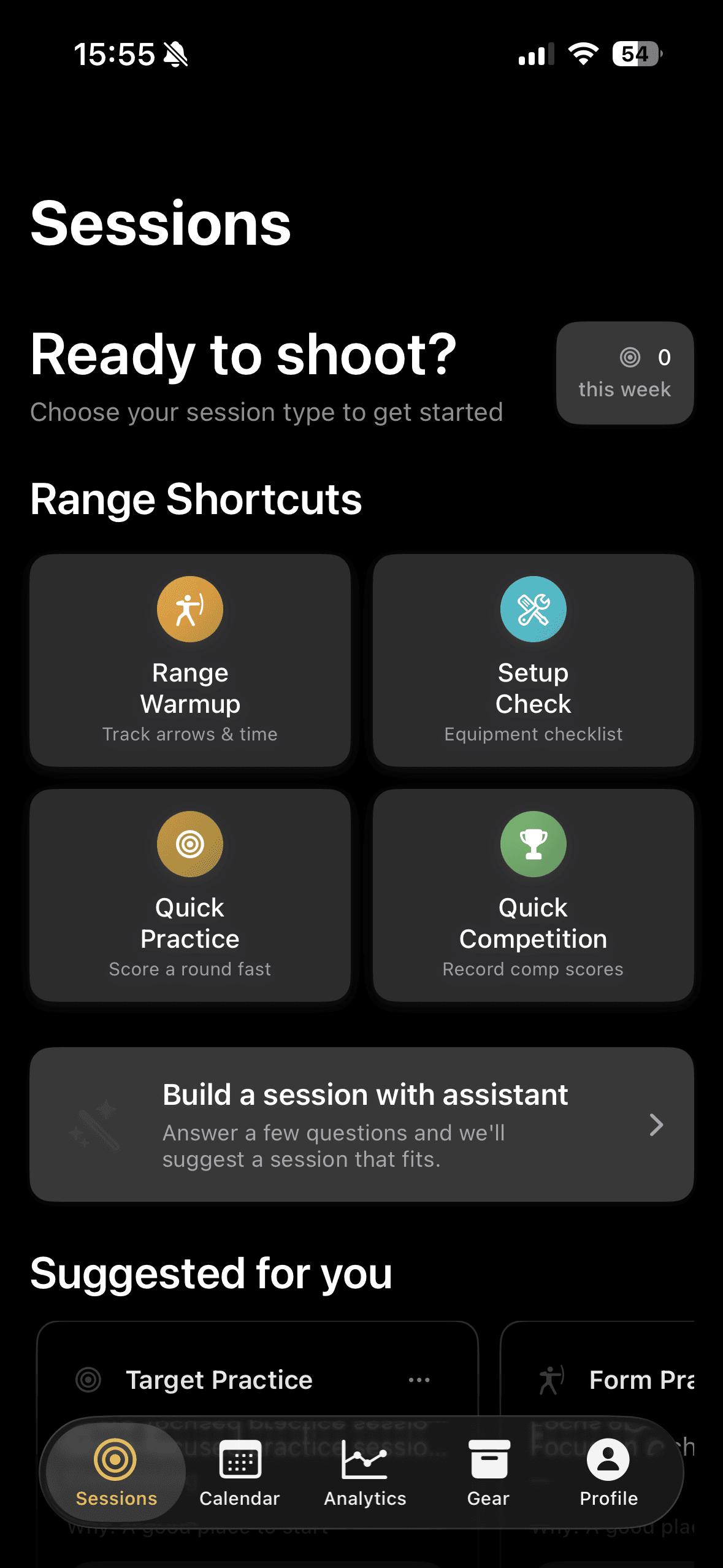 BowSmith sessions screen — shortcuts for competition, practice, and tuning sessions