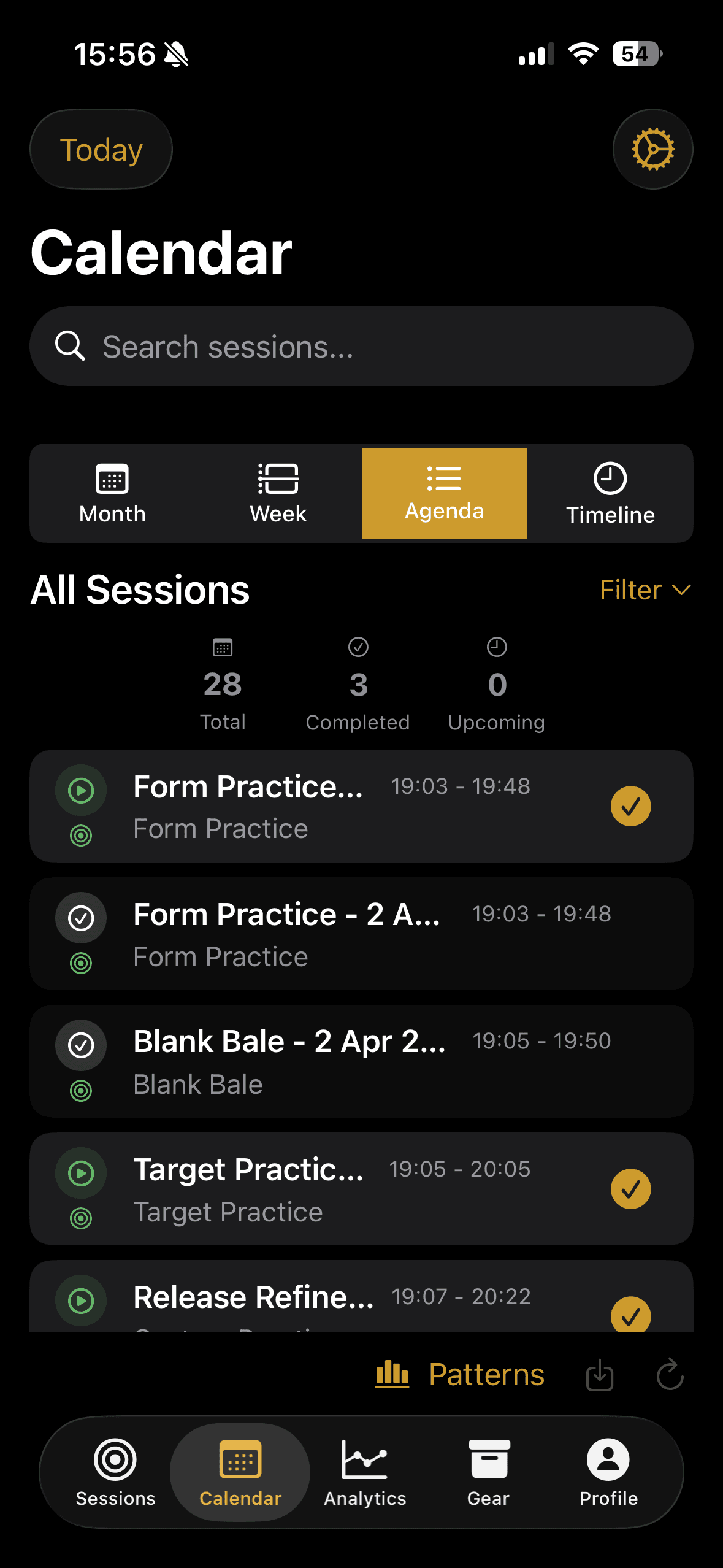 BowSmith calendar — agenda of completed and scheduled archery sessions