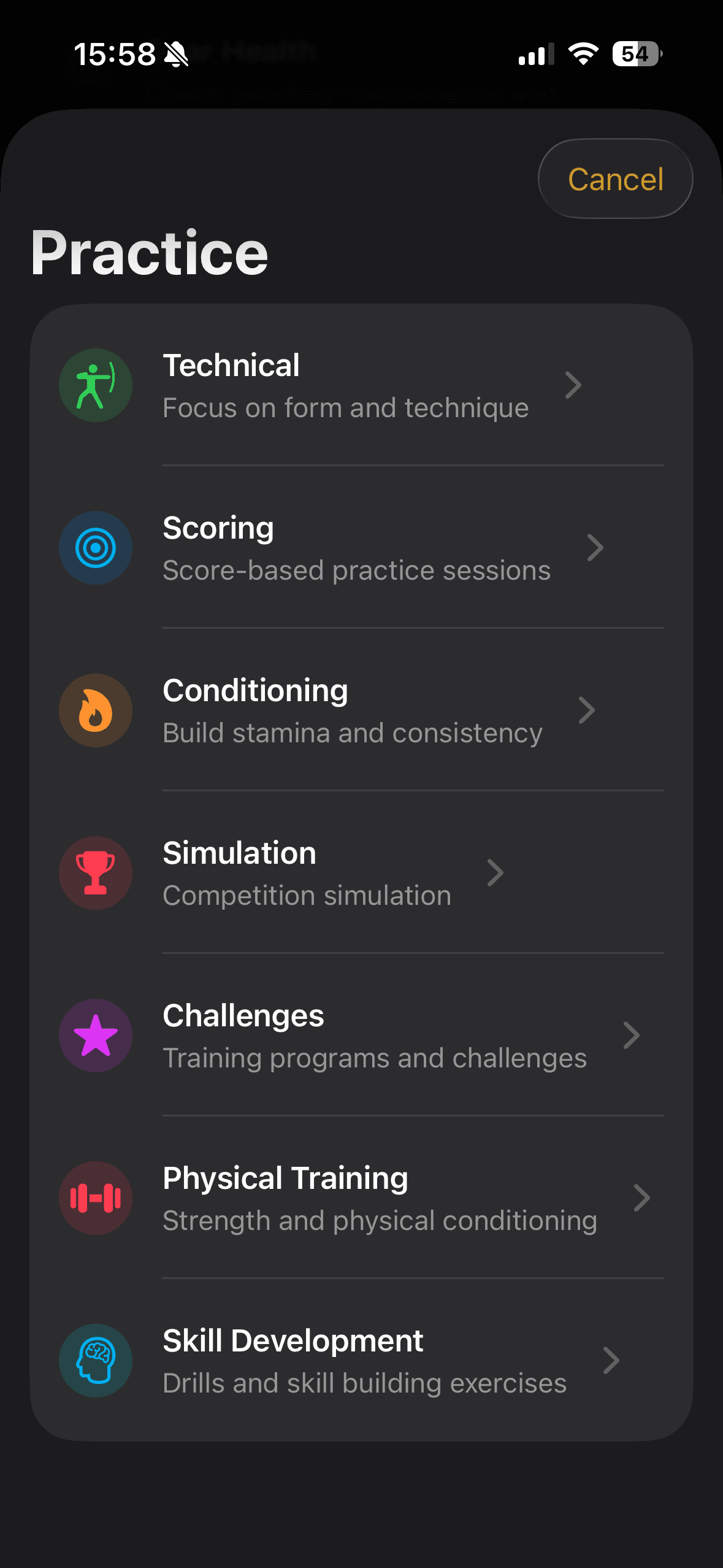 BowSmith practice types — technical, scoring, conditioning, simulation, and challenges